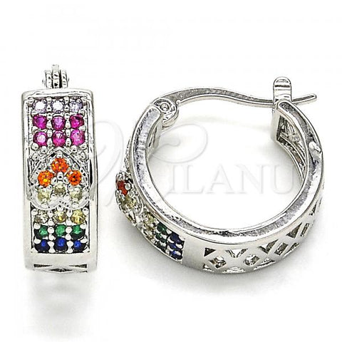 Rhodium Plated Small Hoop, Heart Design, with Multicolor Cubic Zirconia, Polished, Rhodium Finish, 02.210.0297.7.20