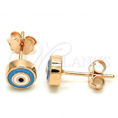 Sterling Silver Stud Earring, Evil Eye Design, with Blue Topaz Opal, Light Blue Enamel Finish, Rose Gold Finish, 02.336.0092.1
