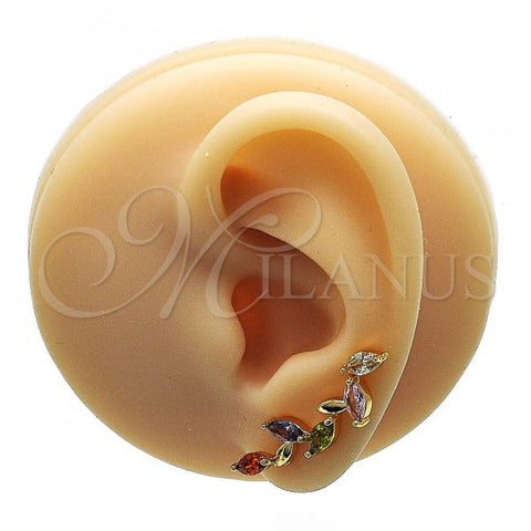 Oro Laminado Earcuff Earring, Gold Filled Style Leaf Design, with Multicolor Cubic Zirconia, Polished, Golden Finish, 02.210.0701.1
