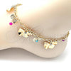 Oro Laminado Charm Anklet , Gold Filled Style Bow and Rattle Charm Design, Polished, Golden Finish, 03.331.0057.10