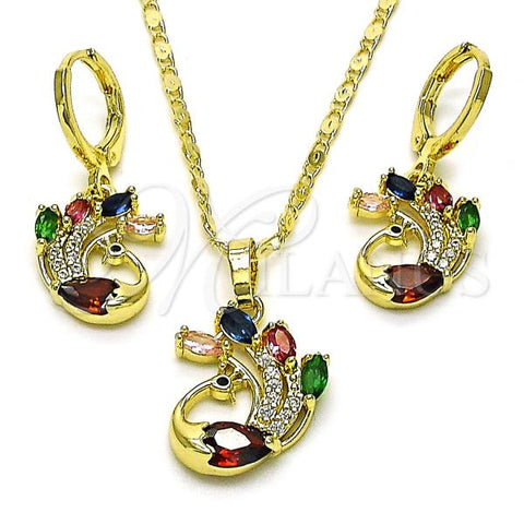 Oro Laminado Earring and Pendant Adult Set, Gold Filled Style Peacock Design, with Multicolor Cubic Zirconia and White Micro Pave, Polished, Golden Finish, 10.196.0126