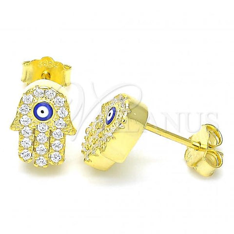 Sterling Silver Stud Earring, Hand of God and Evil Eye Design, with White Cubic Zirconia, Blue Enamel Finish, Golden Finish, 02.336.0154.2