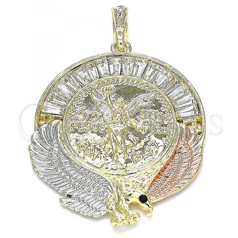 Oro Laminado Religious Pendant, Gold Filled Style Centenario Coin and Angel Design, with White Crystal, Polished, Tricolor, 05.380.0029