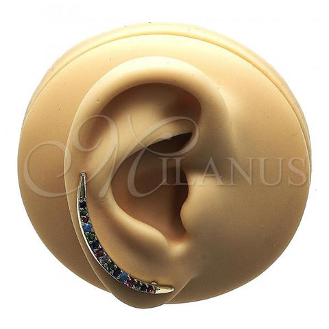 Oro Laminado Earcuff Earring, Gold Filled Style Moon and Sun Design, with Multicolor Cubic Zirconia, Polished, Golden Finish, 02.210.0628