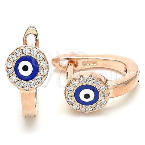 Sterling Silver Huggie Hoop, Evil Eye Design, with White Cubic Zirconia, Blue Enamel Finish, Rose Gold Finish, 02.336.0136.1.12