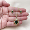 Oro Laminado Earring and Pendant Adult Set, Gold Filled Style Cluster Design, with Green Cubic Zirconia and White Micro Pave, Polished, Golden Finish, 10.156.0531