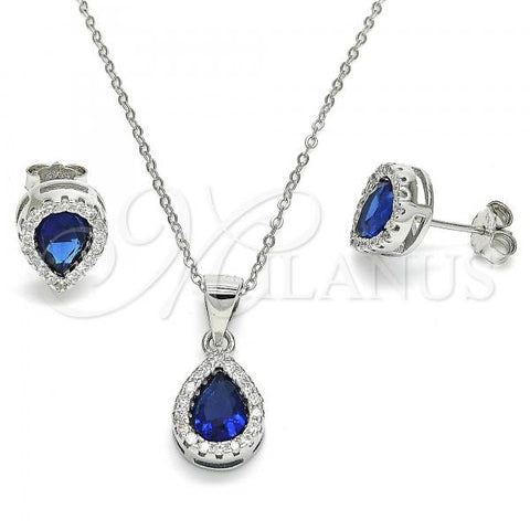 Sterling Silver Earring and Pendant Adult Set, Teardrop Design, with Sapphire Blue Cubic Zirconia and White Crystal, Polished, Rhodium Finish, 10.175.0067.1