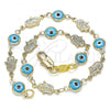 Oro Laminado Fancy Anklet, Gold Filled Style Evil Eye and Hand of God Design, Turquoise Resin Finish, Golden Finish, 03.326.0007.3.10