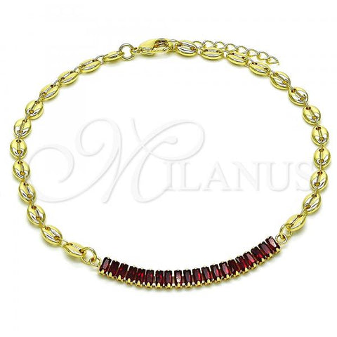 Oro Laminado Fancy Anklet, Gold Filled Style Puff Mariner and Baguette Design, with Garnet Cubic Zirconia, Polished, Golden Finish, 03.130.0013.2.10