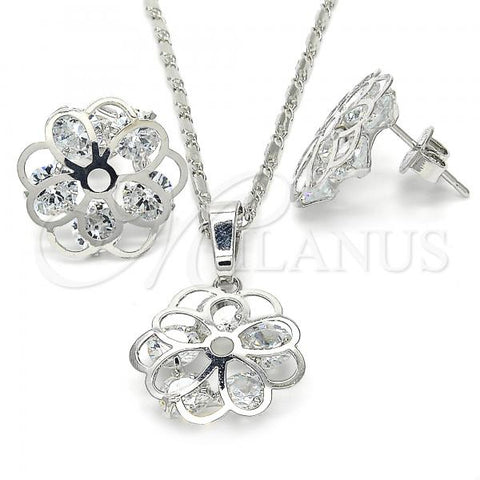 Rhodium Plated Earring and Pendant Adult Set, Flower Design, with White Cubic Zirconia, Polished, Rhodium Finish, 10.106.0021.1