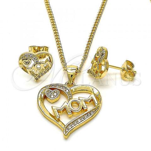 Oro Laminado Earring and Pendant Adult Set, Gold Filled Style Mom and Heart Design, with White Micro Pave, Polished, Golden Finish, 10.342.0028