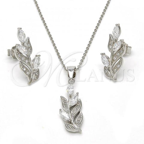 Sterling Silver Earring and Pendant Adult Set, Leaf Design, with White Cubic Zirconia, Polished, Rhodium Finish, 10.174.0270