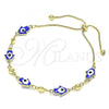 Oro Laminado Adjustable Bolo Bracelet, Gold Filled Style Hand of God Design, Blue Enamel Finish, Golden Finish, 03.213.0142.1.10