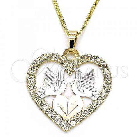 Oro Laminado Pendant Necklace, Gold Filled Style Heart and Bird Design, Polished, Tricolor, 04.106.0060.20