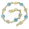 Oro Laminado Fancy Bracelet, Gold Filled Style Evil Eye and Hand of God Design, Turquoise Resin Finish, Golden Finish, 03.326.0007.3.08