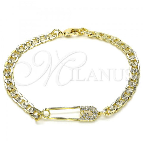 Oro Laminado Fancy Bracelet, Gold Filled Style Paperclip Design, with White Micro Pave, Polished, Golden Finish, 03.313.0038.08