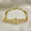 Oro Laminado Fancy Bracelet, Gold Filled Style San Judas and Figaro Design, with White Crystal, Polished, Golden Finish, 03.253.0080.07