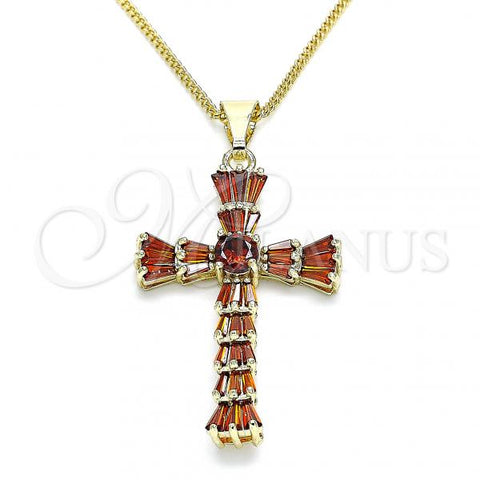 Oro Laminado Pendant Necklace, Gold Filled Style Cross Design, with Garnet Cubic Zirconia, Polished, Golden Finish, 04.284.0027.1.20