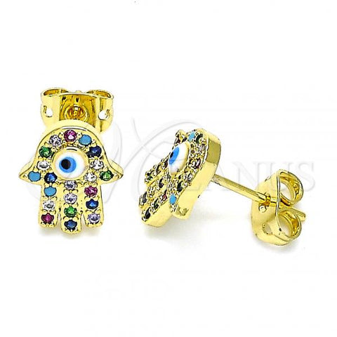 Oro Laminado Stud Earring, Gold Filled Style Hand of God and Evil Eye Design, with Multicolor Micro Pave, Blue Enamel Finish, Golden Finish, 02.341.0046