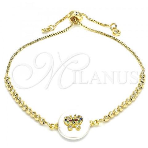 Oro Laminado Adjustable Bolo Bracelet, Gold Filled Style Butterfly Design, with Multicolor Cubic Zirconia, Polished, Golden Finish, 03.63.2111.10