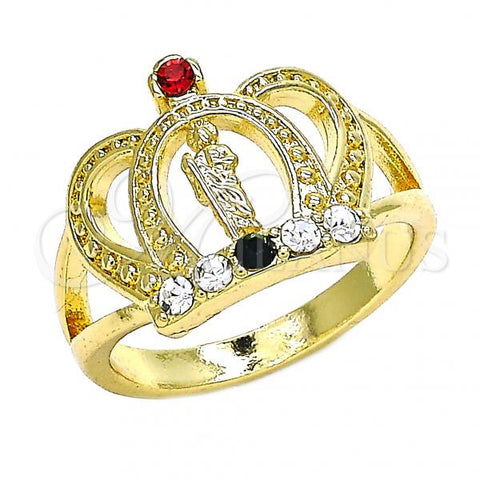 Oro Laminado Multi Stone Ring, Gold Filled Style San Judas and Crown Design, with Multicolor Crystal, Polished, Golden Finish, 01.253.0025.08 (Size 8)