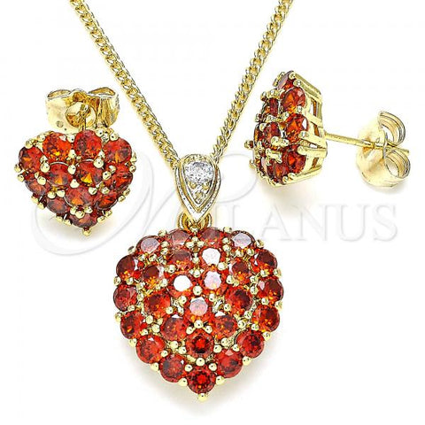 Oro Laminado Earring and Pendant Adult Set, Gold Filled Style Heart Design, with Garnet Cubic Zirconia, Polished, Golden Finish, 10.346.0001.1