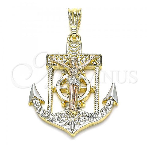 Oro Laminado Religious Pendant, Gold Filled Style Jesus and Anchor Design, Polished, Tricolor, 05.351.0188