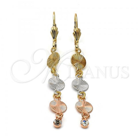 Oro Laminado Long Earring, Gold Filled Style with White Cubic Zirconia, Diamond Cutting Finish, Tricolor, 5.096.012