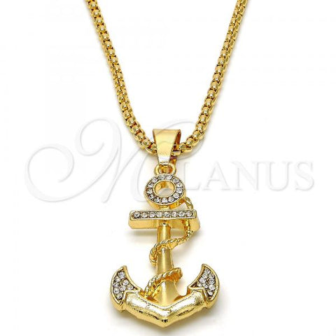 Oro Laminado Pendant Necklace, Gold Filled Style Anchor Design, with White Crystal, Polished, Golden Finish, 04.242.0058.30