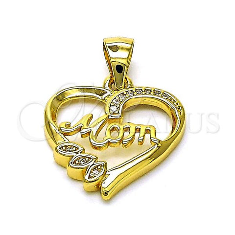Oro Laminado Fancy Pendant, Gold Filled Style Heart and Mom Design, with White Micro Pave, Polished, Golden Finish, 05.342.0210