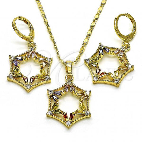 Oro Laminado Earring and Pendant Adult Set, Gold Filled Style Star Design, with Multicolor and White Cubic Zirconia, Polished, Golden Finish, 10.196.0034