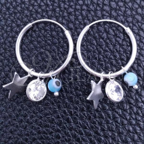Sterling Silver Small Hoop, Evil Eye and Star Design, with Aqua Blue Crystal and White Cubic Zirconia, Polished, Silver Finish, 02.402.0011.15