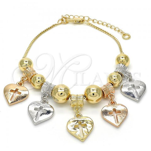Oro Laminado Charm Bracelet, Gold Filled Style Heart and Cross Design, Polished, Tricolor, 03.63.1924.1.08