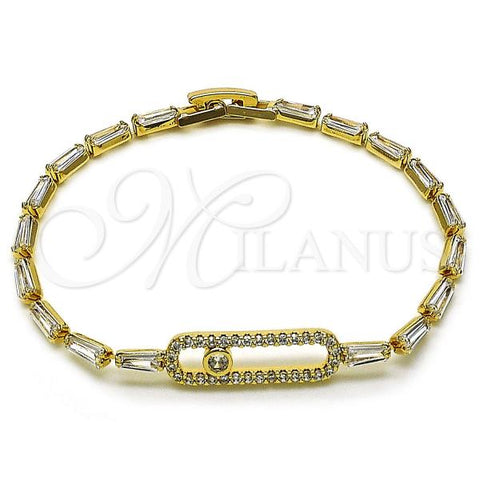 Oro Laminado Tennis Bracelet, Gold Filled Style Paperclip and Baguette Design, with White Cubic Zirconia, Polished, Golden Finish, 03.283.0453.07