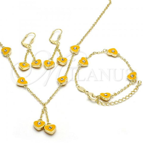 Oro Laminado Earring and Pendant Children Set, Gold Filled Style Heart Design, with White Crystal, Yellow Enamel Finish, Golden Finish, 06.60.0003.2