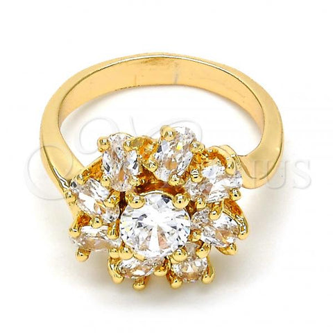 Oro Laminado Multi Stone Ring, Gold Filled Style Flower Design, with White Cubic Zirconia, Polished, Golden Finish, 01.210.0048.08 (Size 8)