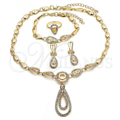 Oro Laminado Necklace, Bracelet, Earring and Ring, Gold Filled Style Teardrop Design, with White Crystal, Polished, Golden Finish, 06.288.0009