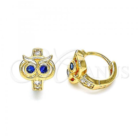 Oro Laminado Huggie Hoop, Gold Filled Style Owl Design, with Sapphire Blue Cubic Zirconia and White Micro Pave, Polished, Golden Finish, 02.213.0293.10
