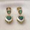 Oro Laminado Dangle Earring, Gold Filled Style Heart and Teardrop Design, with Green Cubic Zirconia, Polished, Golden Finish, 02.196.0236