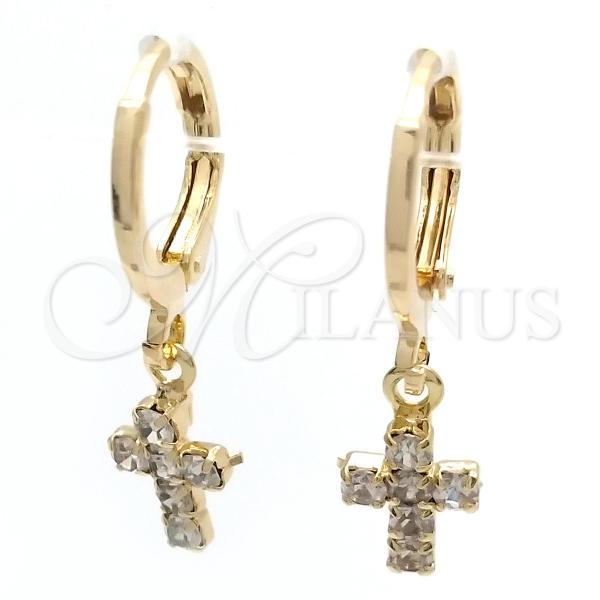 Oro Laminado Huggie Hoop, Gold Filled Style Cross Design, with White Cubic Zirconia, Polished, Golden Finish, 02.02.0496.1.15