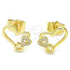 Oro Laminado Stud Earring, Gold Filled Style Heart Design, with White Micro Pave, Polished, Golden Finish, 02.156.0518
