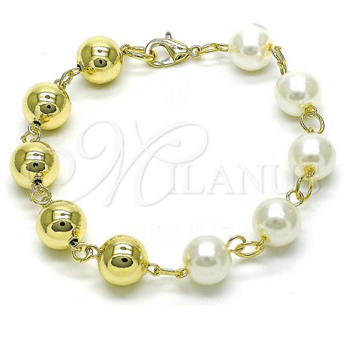 Oro Laminado Fancy Bracelet, Gold Filled Style Chunky and Hollow Design, with Ivory Pearl, Polished, Golden Finish, 03.331.0271.09