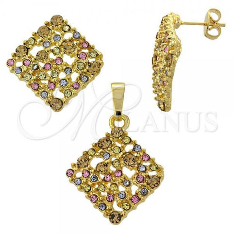 Oro Laminado Earring and Pendant Adult Set, Gold Filled Style with Multicolor Crystal, Matte Finish, Golden Finish, 10.164.0001.1
