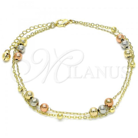 Oro Laminado Charm Anklet , Gold Filled Style Ball and Rattle Charm Design, Polished, Tricolor, 03.331.0052.10