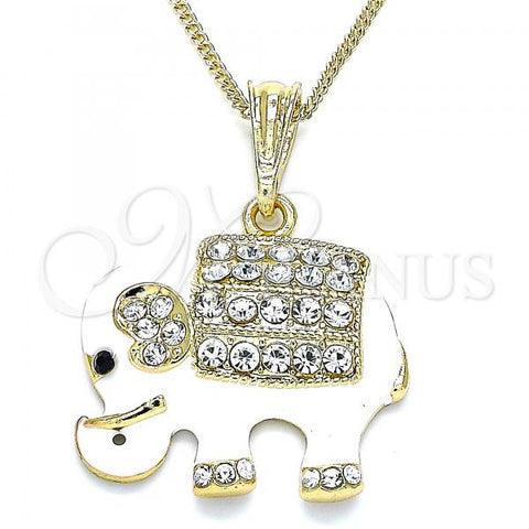 Oro Laminado Pendant Necklace, Gold Filled Style Elephant Design, with White and Black Crystal, White Enamel Finish, Golden Finish, 04.380.0026.1.20