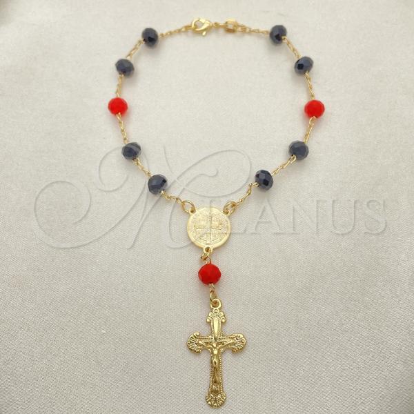 Oro Laminado Bracelet Rosary, Gold Filled Style San Benito and Crucifix Design, with Black and Garnet Azavache, Polished, Golden Finish, 09.02.0044.07