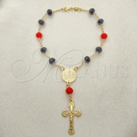 Oro Laminado Bracelet Rosary, Gold Filled Style San Benito and Crucifix Design, with Black and Garnet Azavache, Polished, Golden Finish, 09.02.0044.07