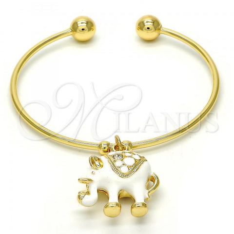 Oro Laminado Individual Bangle, Gold Filled Style Elephant Design, with White Crystal, White Enamel Finish, Golden Finish, 07.179.0002 (02 MM Thickness, One size fits all)