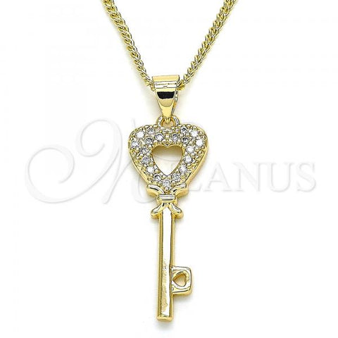 Oro Laminado Pendant Necklace, Gold Filled Style key and Heart Design, with White Micro Pave, Polished, Golden Finish, 04.344.0016.20