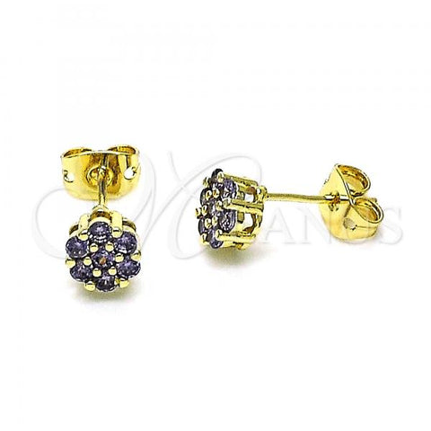 Oro Laminado Stud Earring, Gold Filled Style with Amethyst Cubic Zirconia, Polished, Golden Finish, 02.213.0358.5